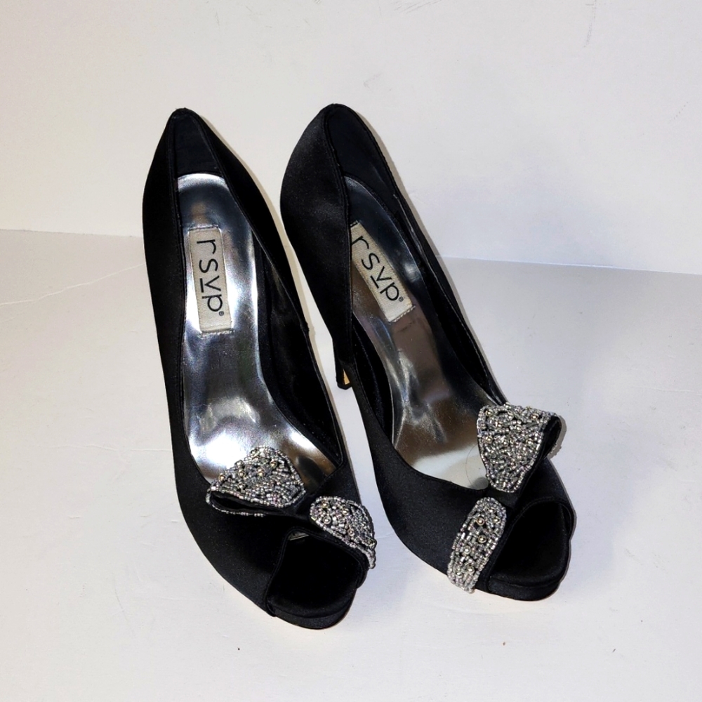 "RSVP" BLACK SATIN PLATFORM HEELS SZ 8 1/2 M